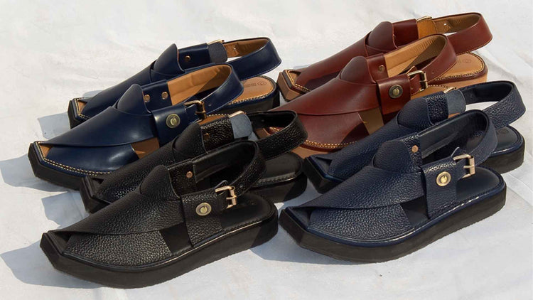 New designs of khan and kaptaan chappals featuring black, blue and brown along with black dotted and blue dotted leather and inner padding for more comfort.