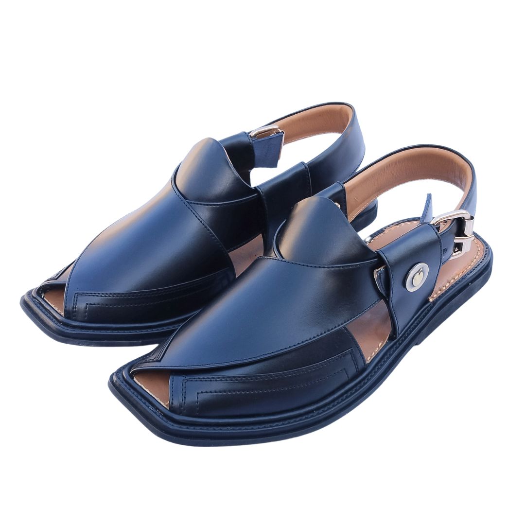 Black traditional taki chappals with adjustable strip. made from premium cow leather