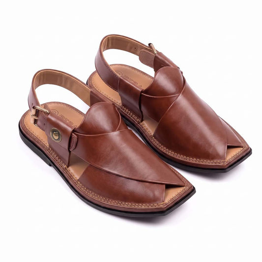 burgundy T-shape Peshawari Kheri pair shown from a three-quarter front view with pointed leather fronts and buckle straps