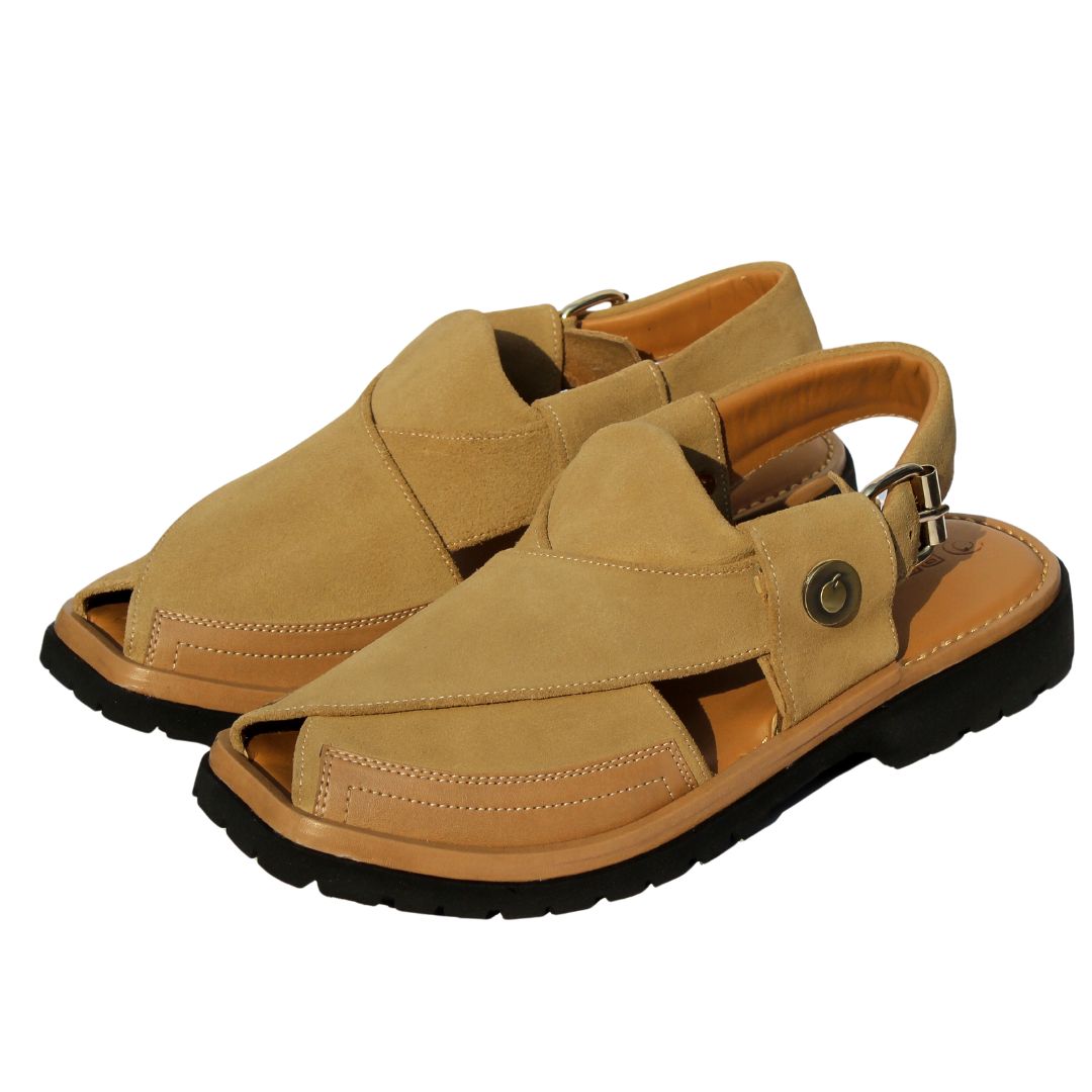 Vibram sole suede traditional camel peshawari chappal top view, handcrafted from premium leather with sports vibram sole