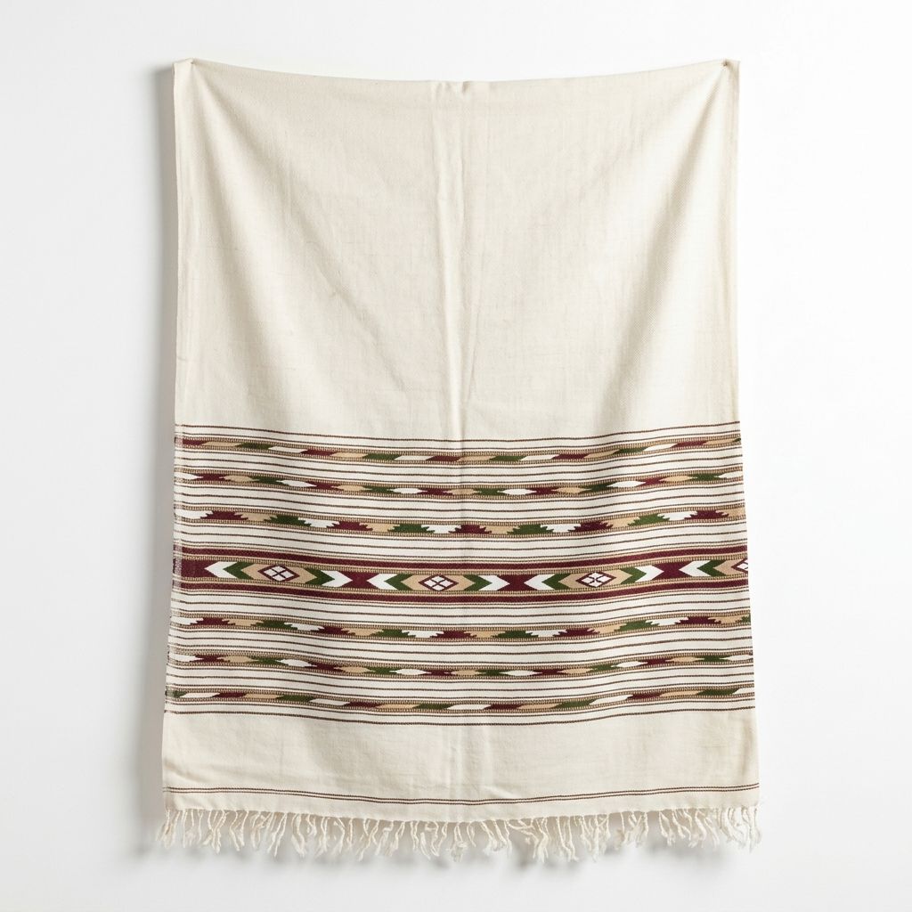 Men's traditional off-white ivory wool shawl with intricate maroon and olive green tribal geometric border pattern and white fringe tassels