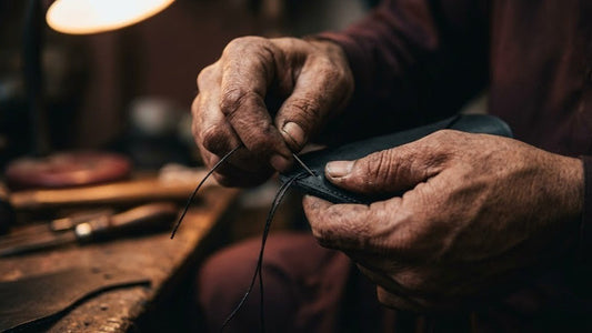 Master artisan in Peshawar hand-stitching premium leather with heavy waxed thread on a traditional wooden workbench.