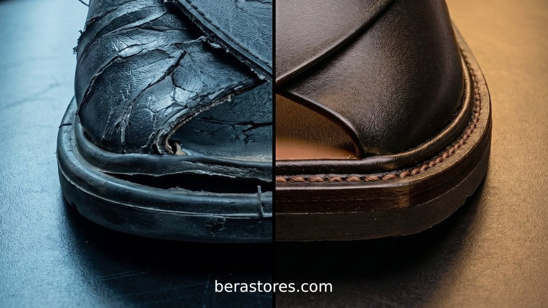 A split-screen comparison showing a cracked, worn-out synthetic shoe on the left versus a pristine, high-quality handcrafted full-grain leather BERA Peshawari chappal on the right.