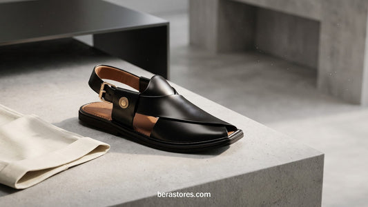 Black handcrafted leather BERA Peshawari chappal displayed on an architectural concrete surface, showcasing hybrid formal-casual design and artisanal craftsmanship.
