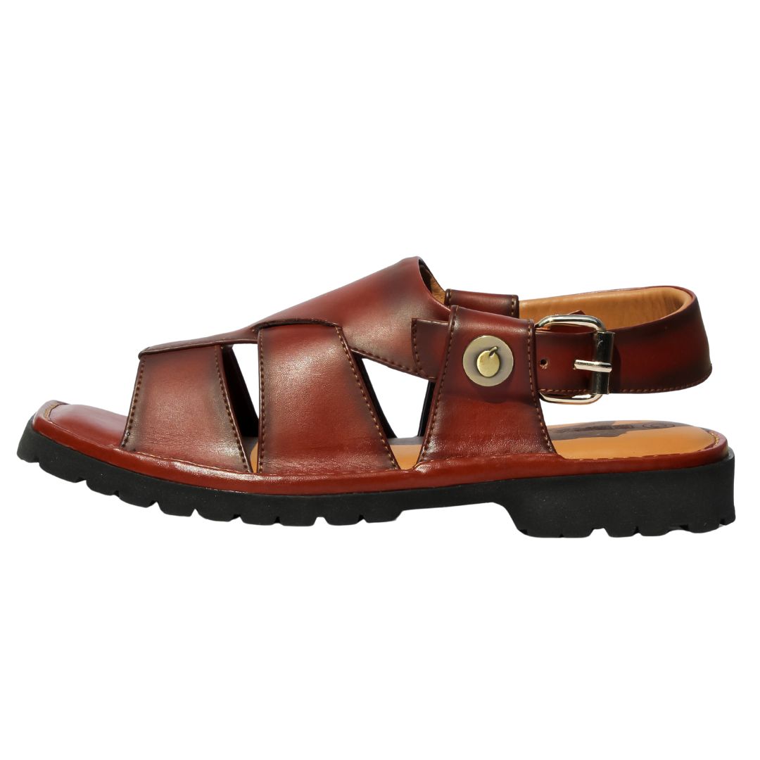 Side view of Bera Men’s Burgundy Sandals highlighting sturdy Vibram sole and adjustable fit