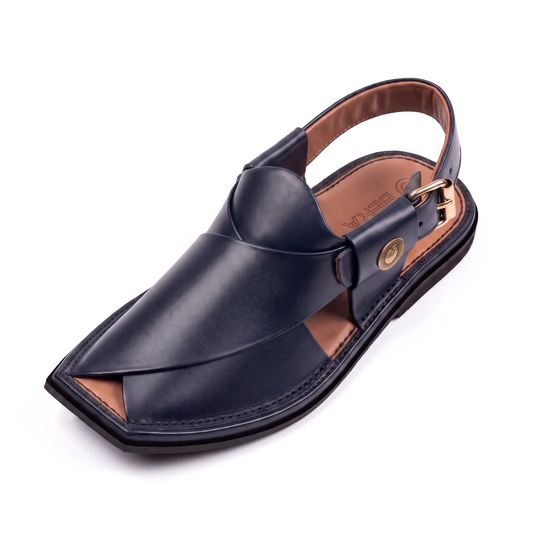 A single navy blue leather sandal with a square toe, crisscrossing front straps, a slingback strap with a gold-tone buckle, and a tan insole, shown on a white background.