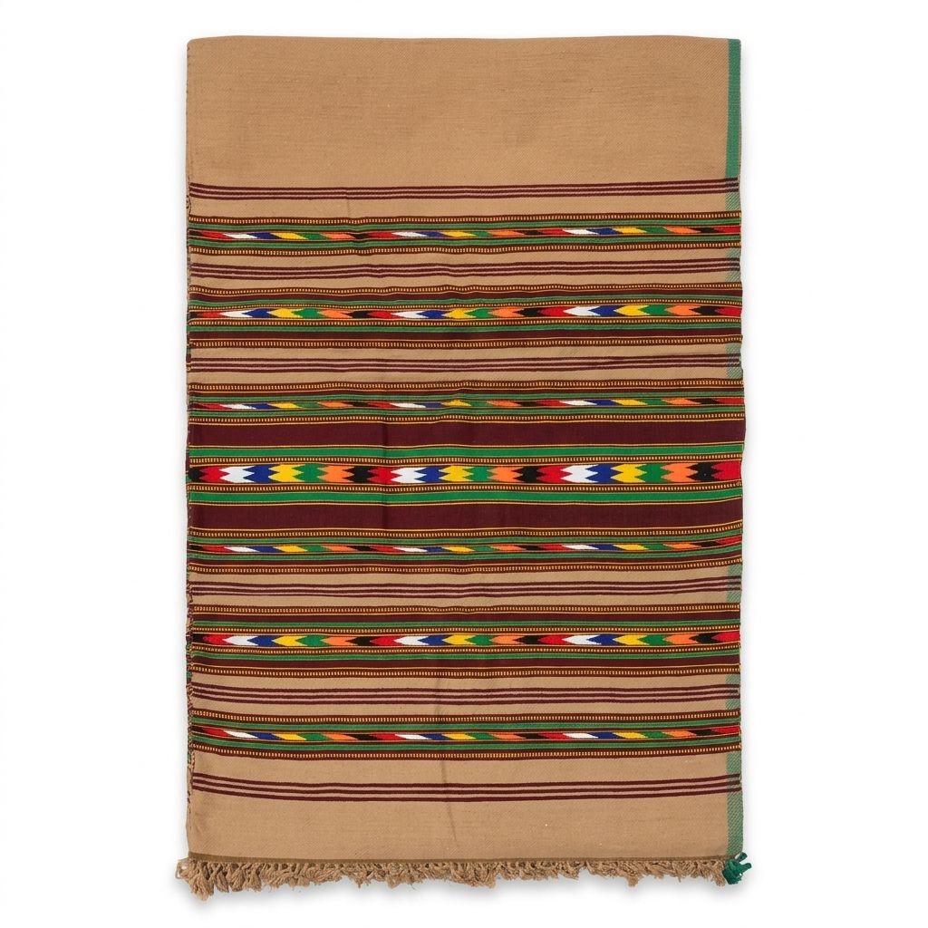 Men's traditional camel tan khaddar shawl featuring vibrant colorful geometric striped borders and fringe tassels   
