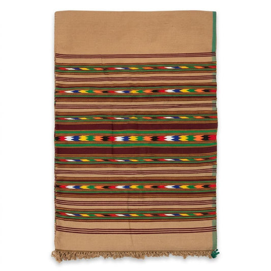 Men's traditional camel tan khaddar shawl featuring vibrant colorful geometric striped borders and fringe tassels   