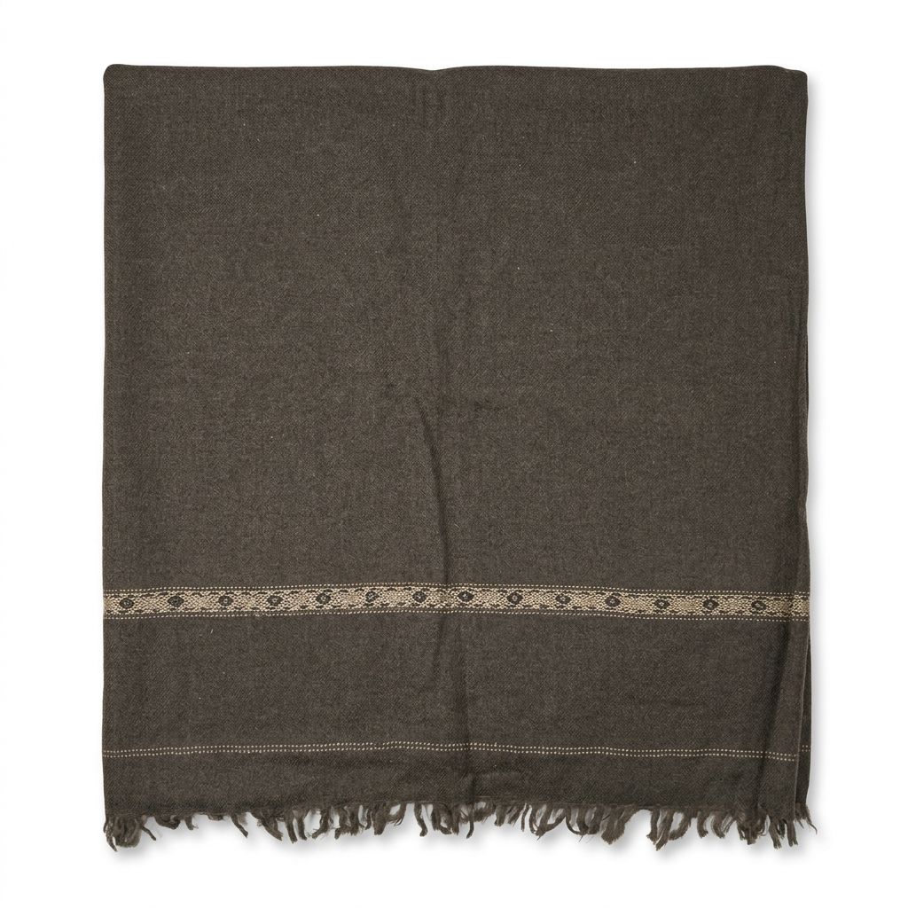 Men's dark charcoal brown soft wool shawl featuring a subtle beige woven geometric border and fringe tassels