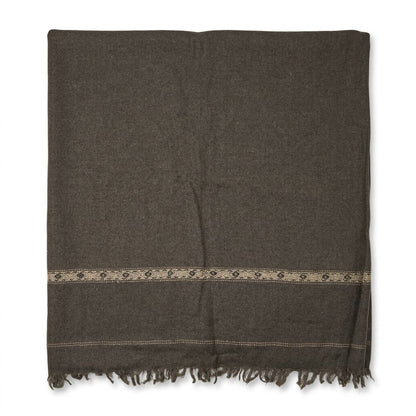 Men's dark charcoal brown soft wool shawl featuring a subtle beige woven geometric border and fringe tassels