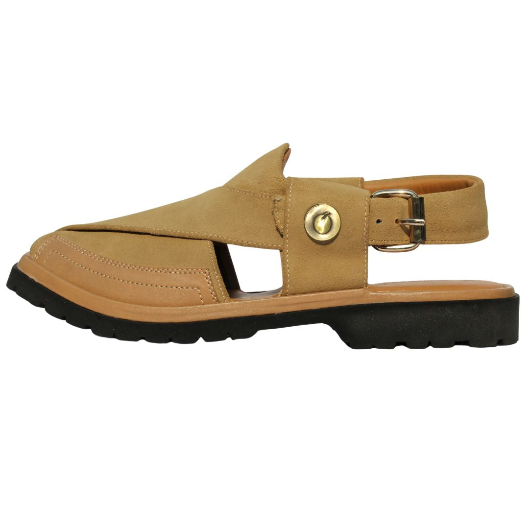 Vibram sole suede traditional camel peshawari chappal side view