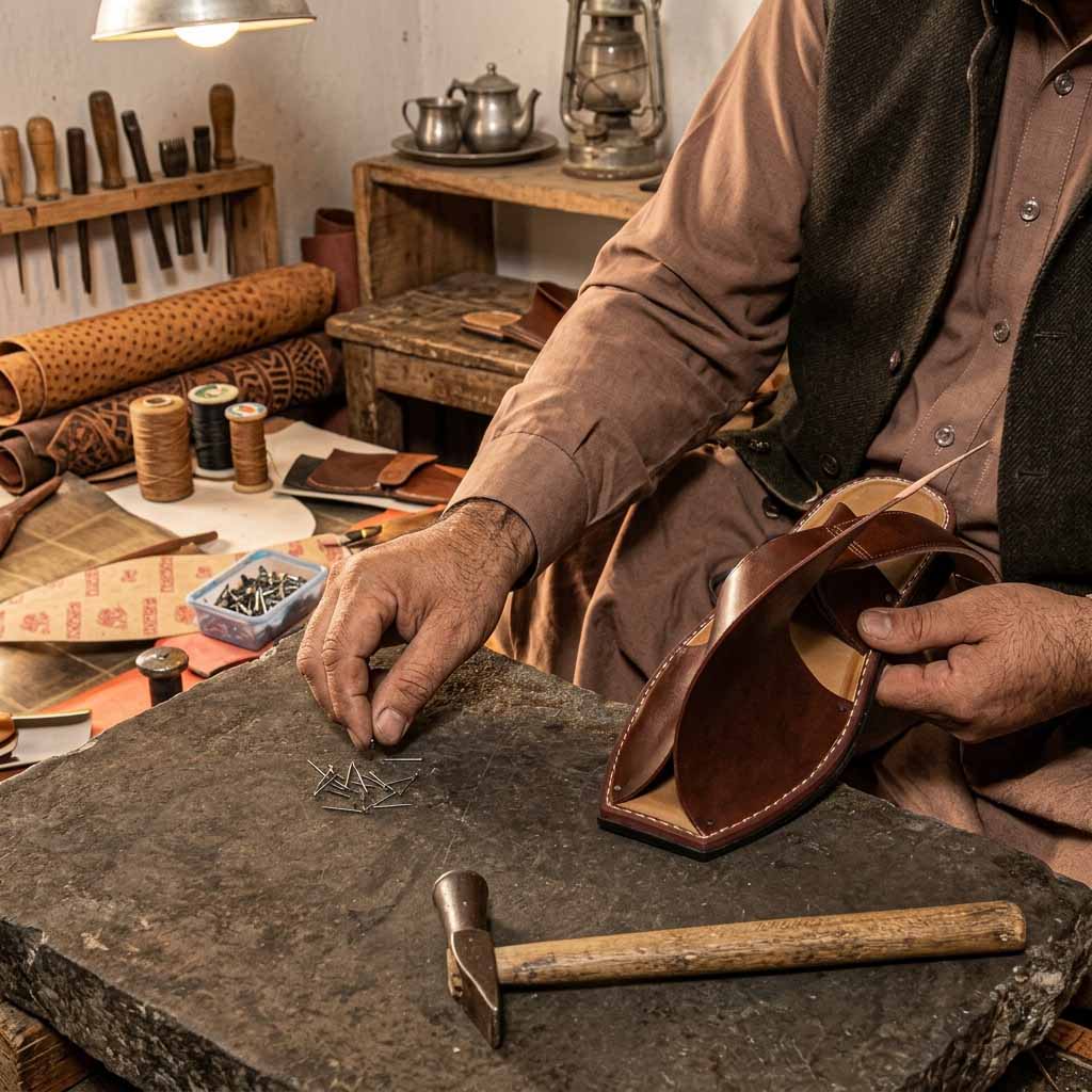 Master artisan in a traditional workshop applying meticulous final structural details to a Bera luxury handcrafted leather sandal.