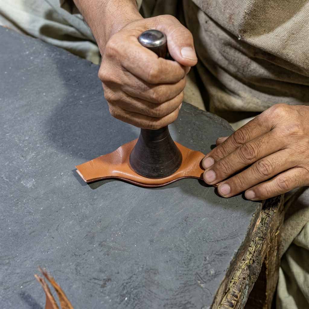 Master craftsman using a specialized artisanal tool to manually press and fuse glued leather edges for Bera luxury footwear.