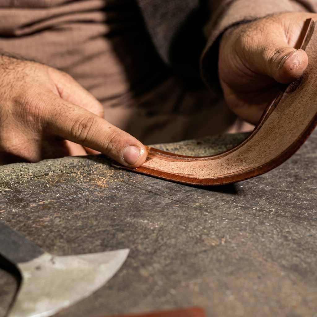 Master craftsman applying high-tenacity adhesive to create perfectly folded seamless leather edges for Bera luxury footwear.
