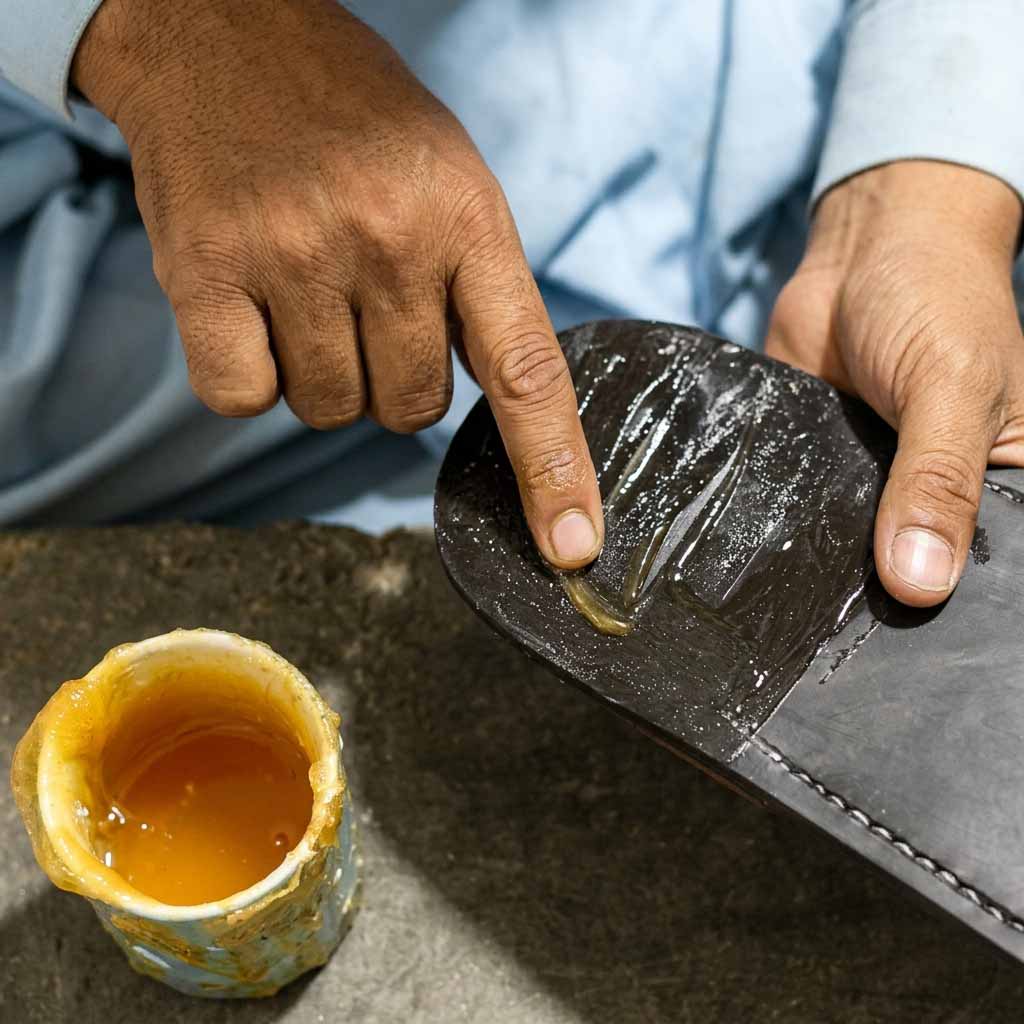 Master artisan manually applying high-tenacity structural adhesive to the heavy-duty rubber sole of a Bera sandal for multi-layered heel reinforcement.