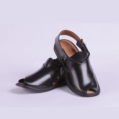 Black Round Shape Leather Chappal front view showcasing the design, quality and color of the chappals.