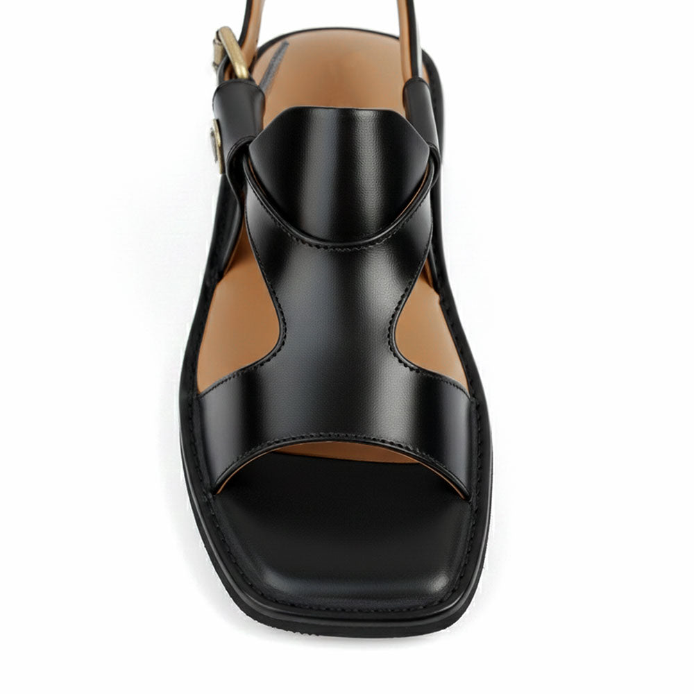 Black Kohati chappals showing the front view and traditional leather construction