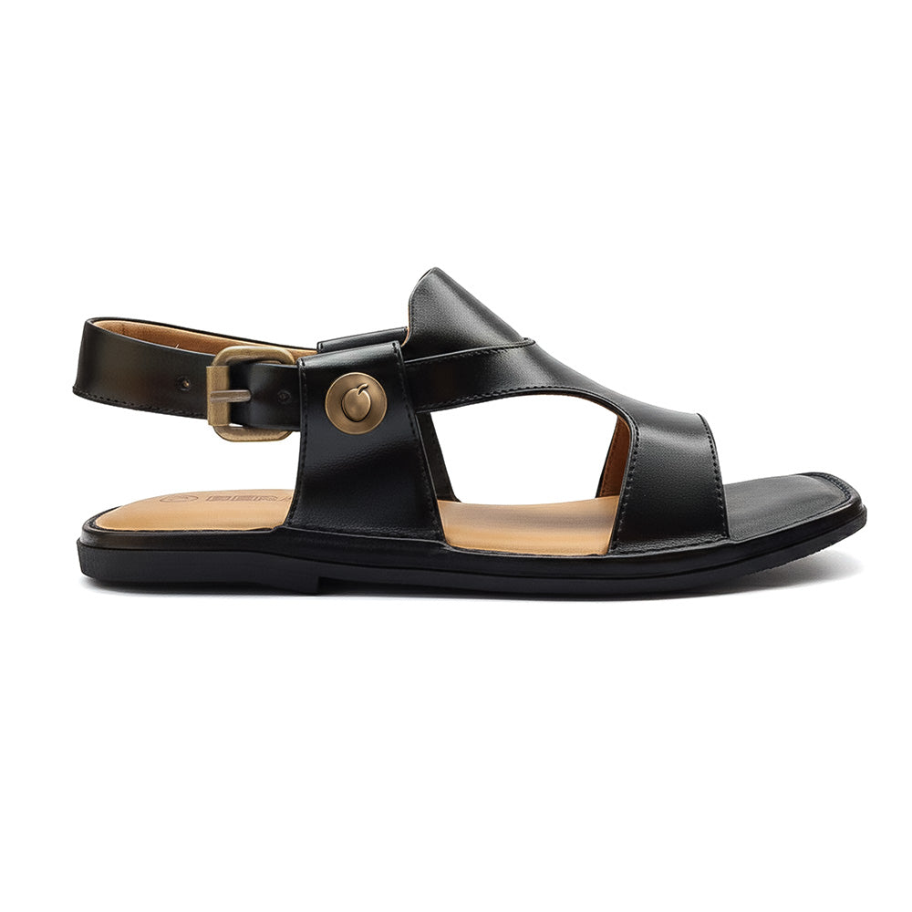Black Kohati panjedar chappals for men showing the side view and traditional leather craftsmanship