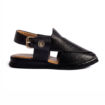  Black leather sandal with buckle strap and open side design