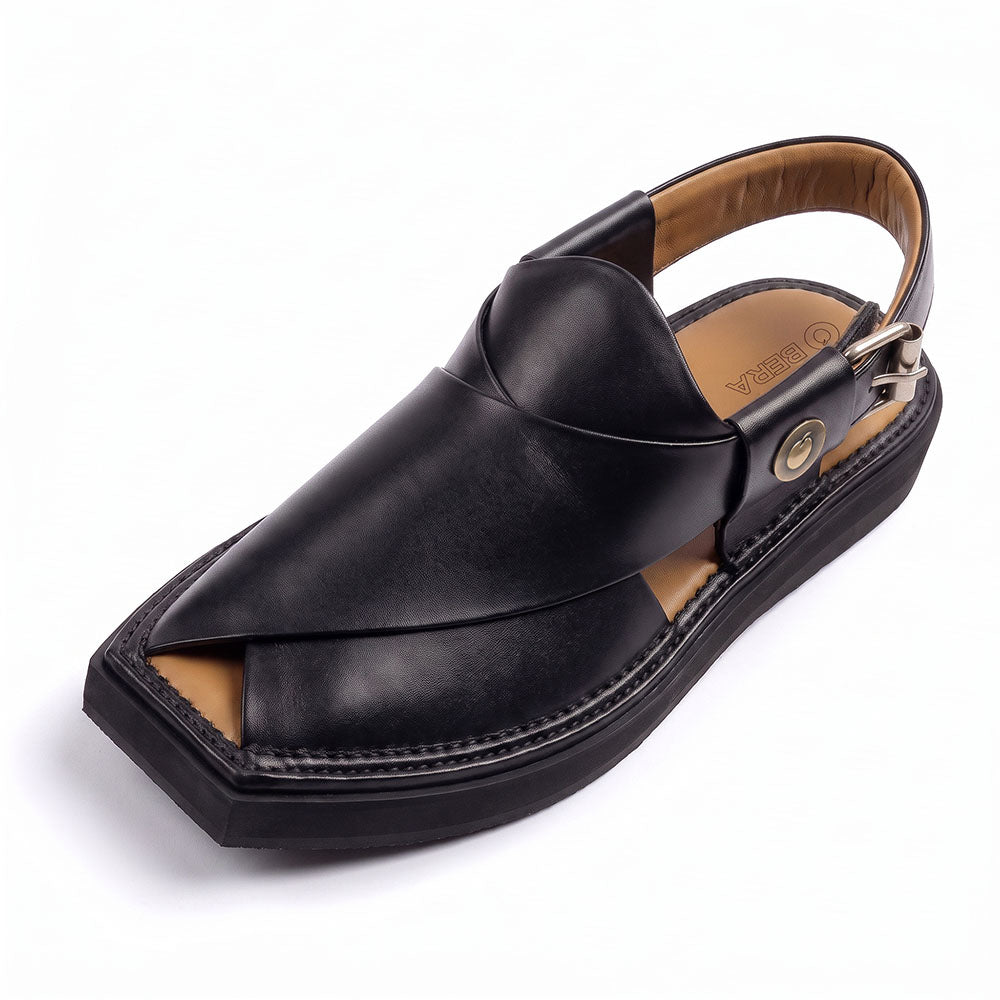 Premium Quality Kaptaan black Peshawari Chappal for men front view