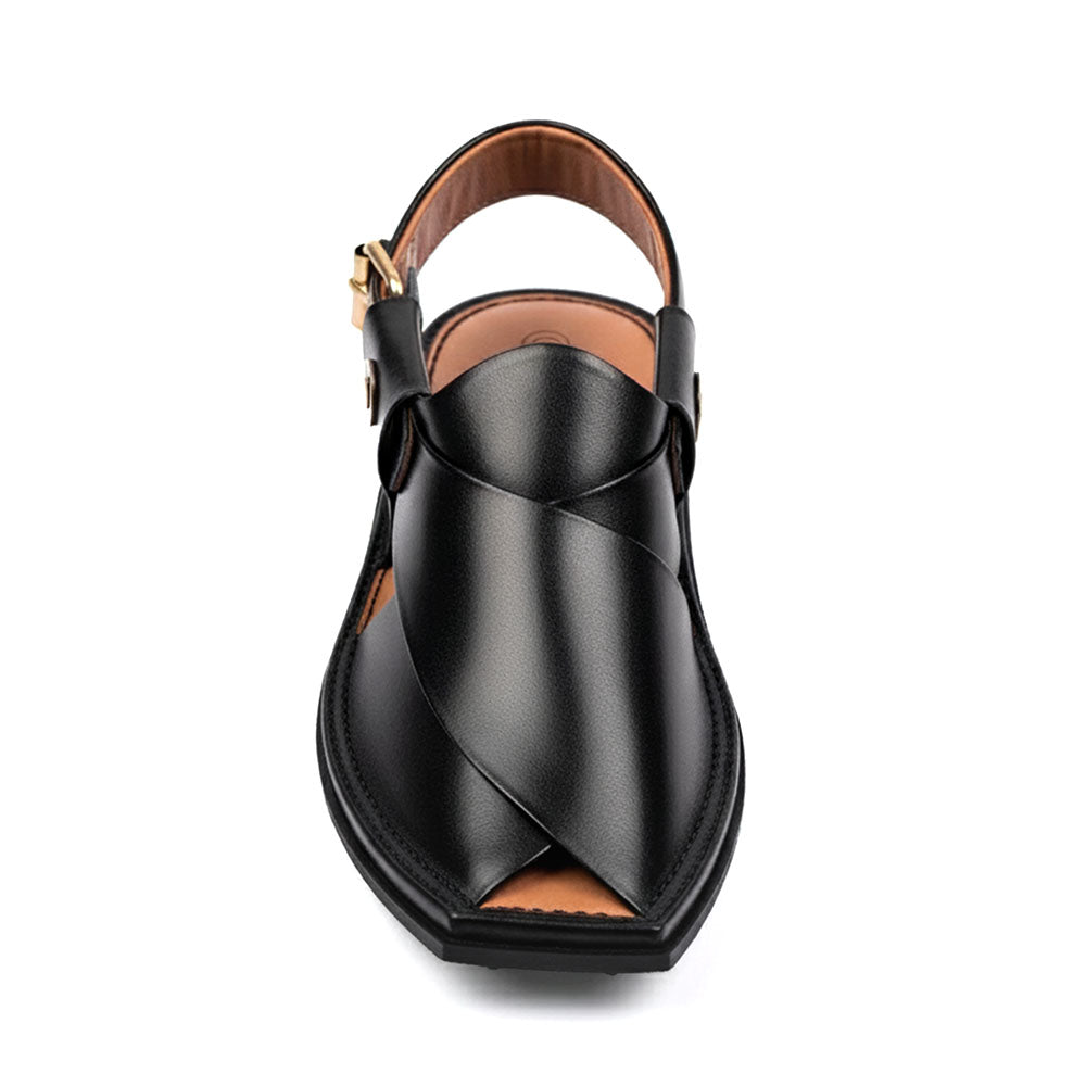 black Peshawari Kheri shown from the front with overlapping leather straps and a buckle ankle strap