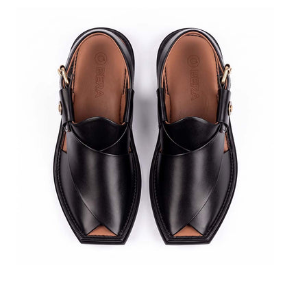 black Peshawari Kheri pair shown from the top with layered leather straps and brown insoles