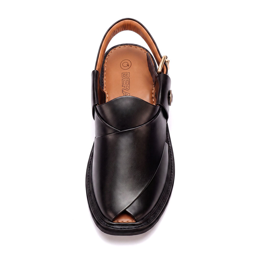 black Round Shape Peshawari Chappal for men shown from above with smooth overlapping leather upper and rear buckle strap