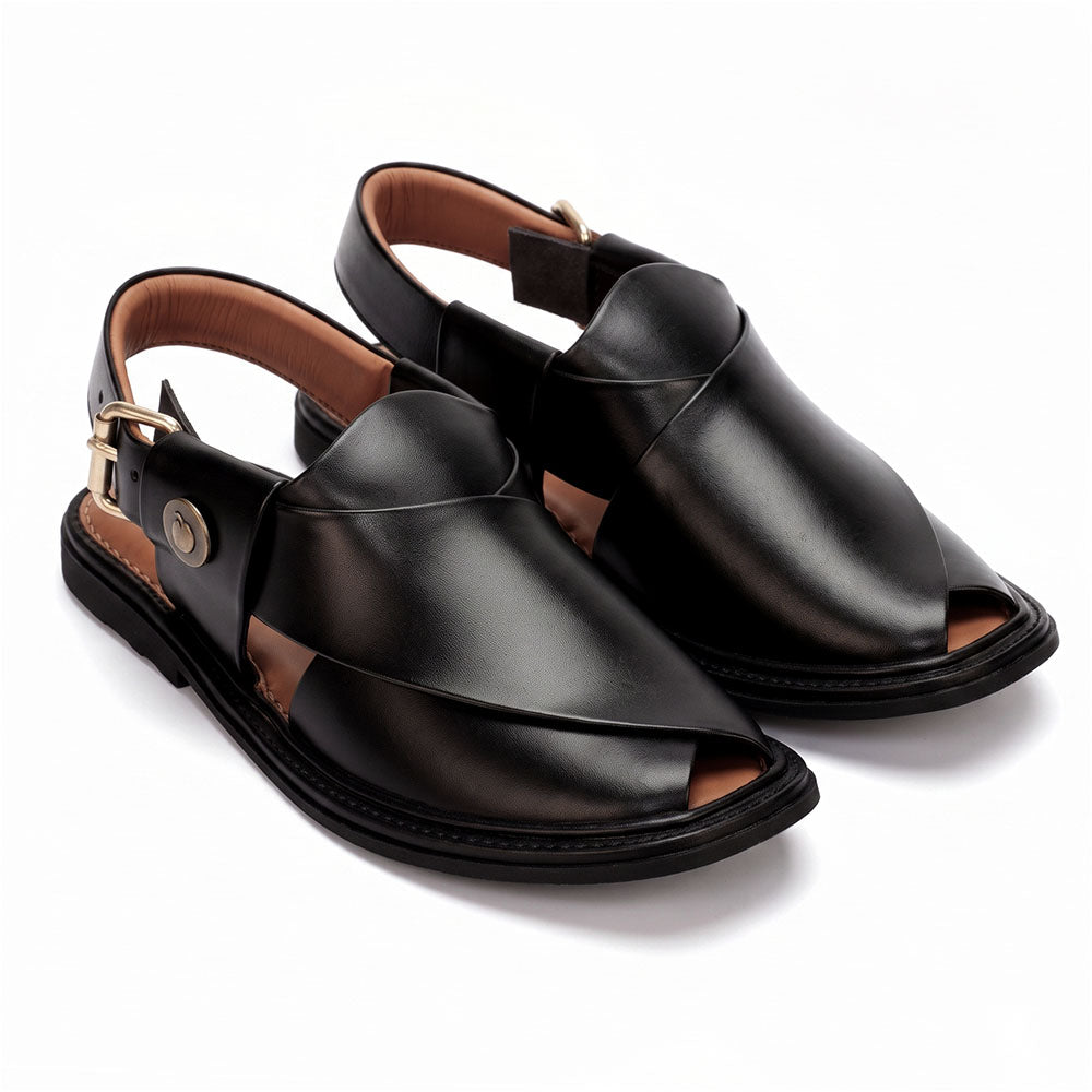 black Round Shape Peshawari Chappal for men shown from a three-quarter front view with smooth leather upper and adjustable buckle strap