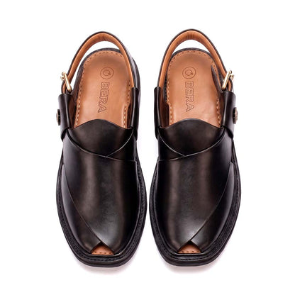 black Round Shape Peshawari Chappal pair shown from above with overlapping leather upper and adjustable rear buckles