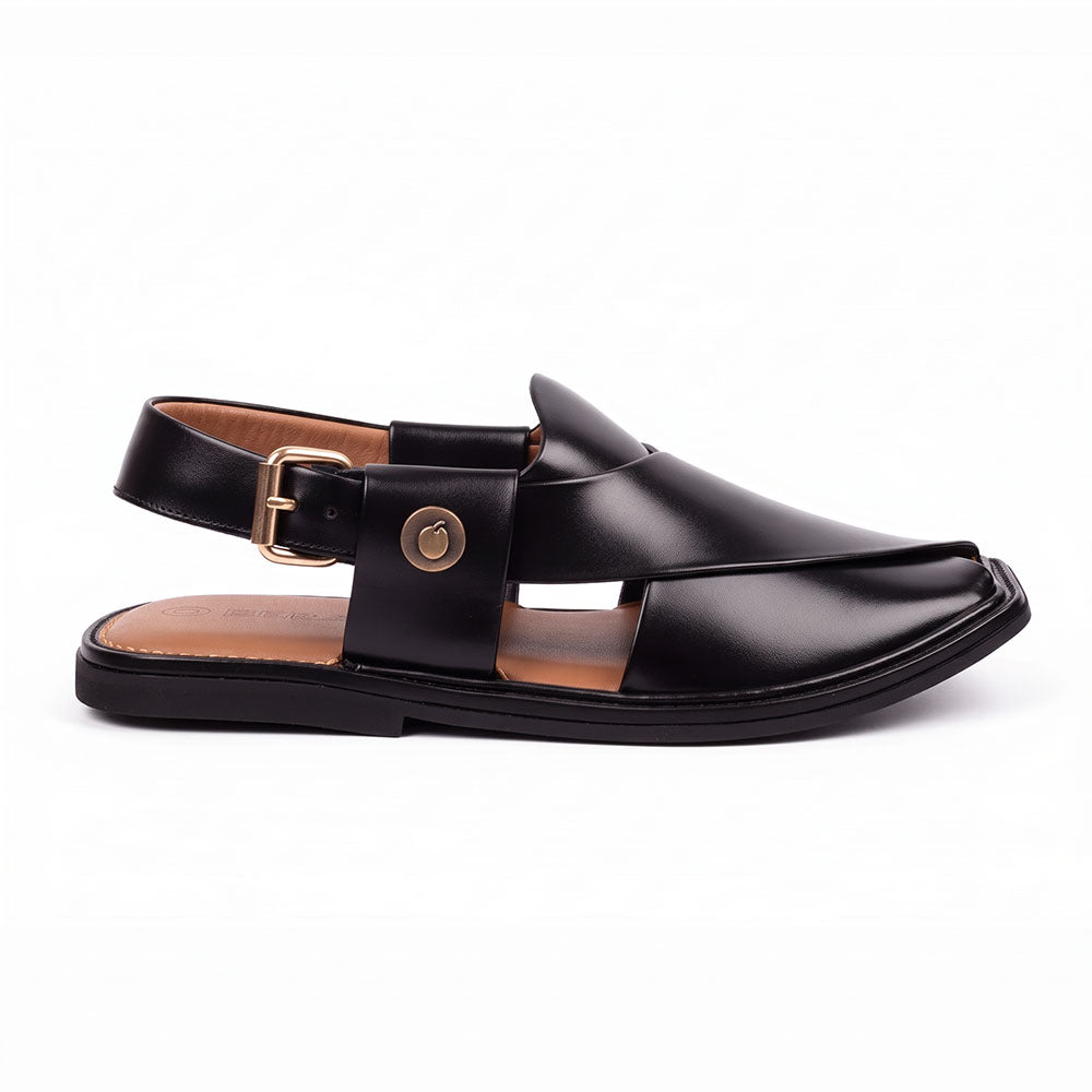 Black traditional charsadda chappals side view show casing bera logo and golden buckle