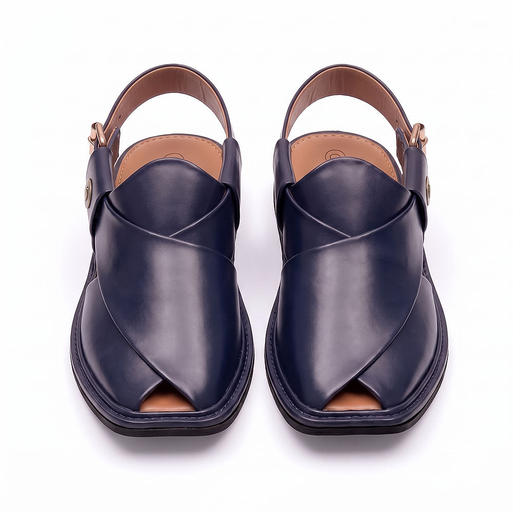  blue Charsadda Chappal pair shown from the front with crossed leather straps and tan insoles
