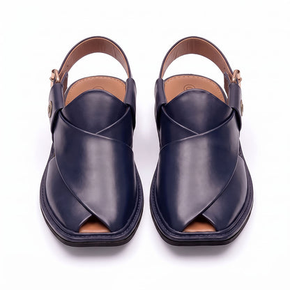  blue Charsadda Chappal pair shown from the front with crossed leather straps and tan insoles