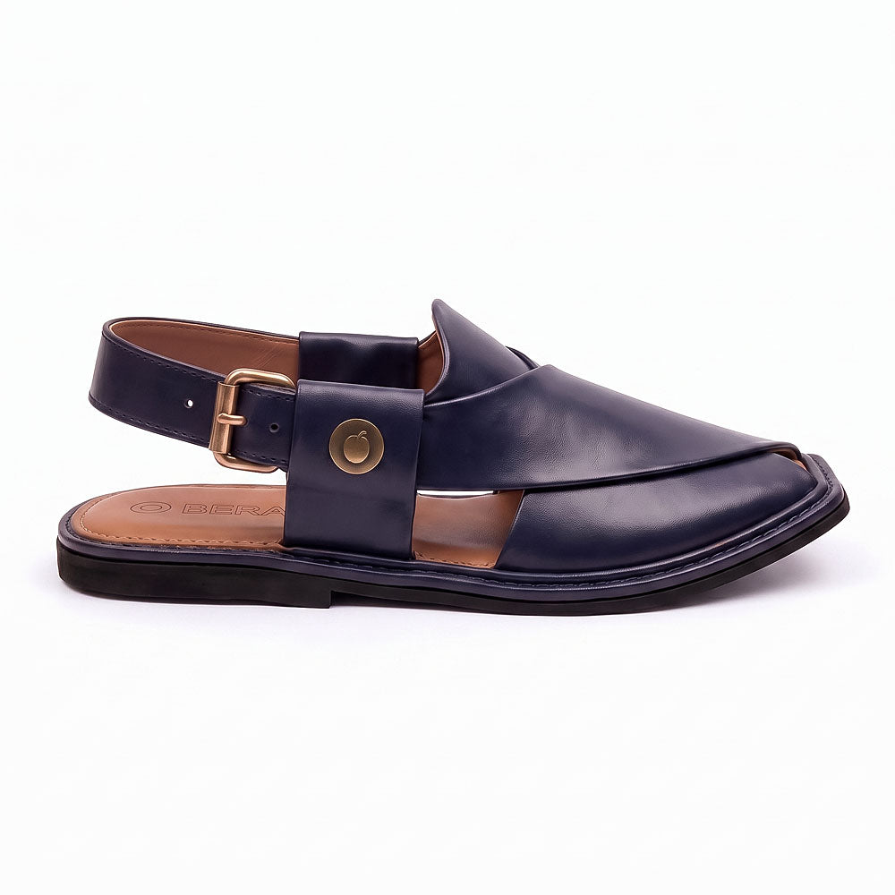  blue Charsadda Chappal shown from the side with layered leather upper, buckle strap and flat sole
