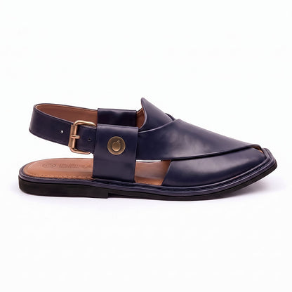 blue Charsadda Chappal shown from the side with layered leather upper, buckle strap and flat sole