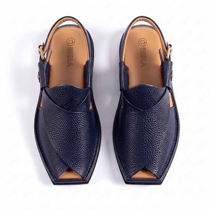 dark blue leather Peshawari Chappal pair shown from above with overlapping leather upper and side buckle straps