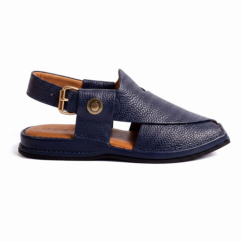 blue leather Charsadda Chappal shown from the side with overlapping leather straps, buckle closure and layered sole