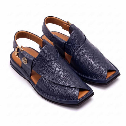blue leather Peshawari Chappal pair shown from a three-quarter front view with overlapping leather straps and adjustable heel buckles