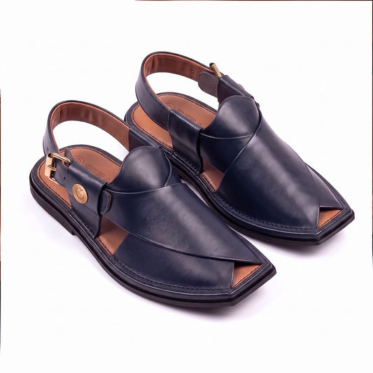 blue Peshawari Kheri pair shown from a three-quarter front view with pointed toes and buckle straps