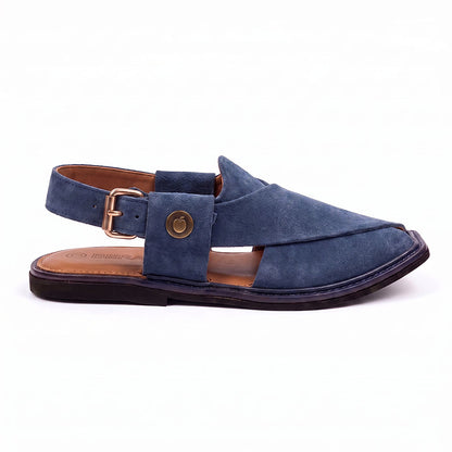 blue suede Peshawari Chappal shown from the side with crossed straps, side buckle and layered leather sole