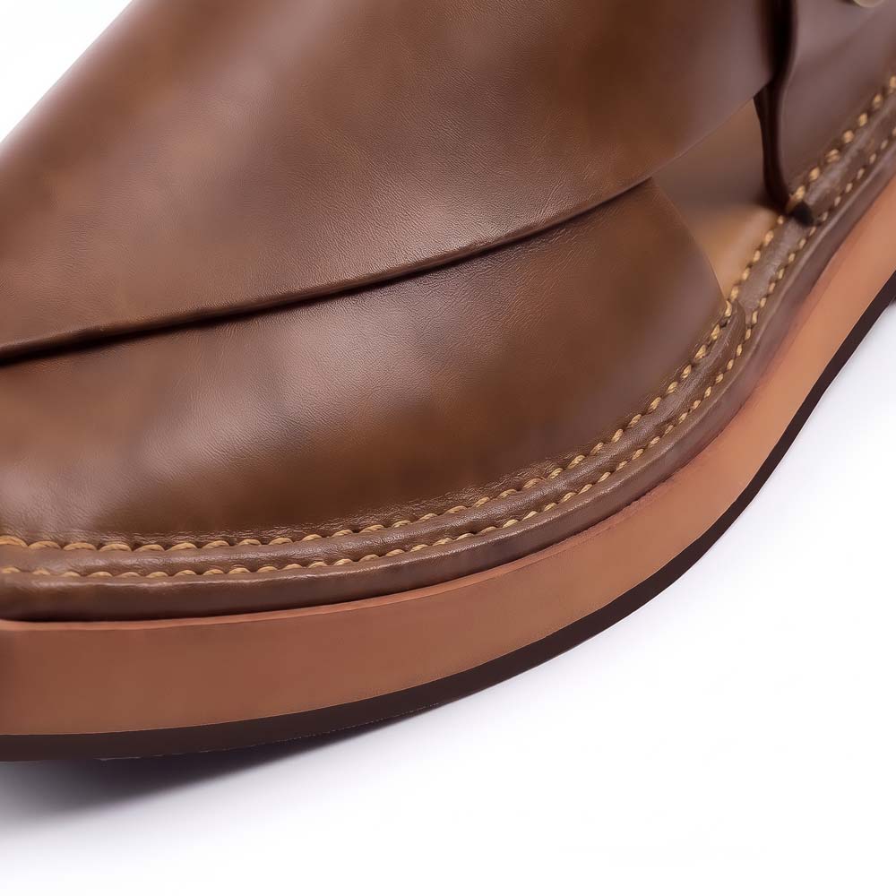 close-up of brown Kaptaan Chappal showing layered leather upper and detailed hand-stitched sole