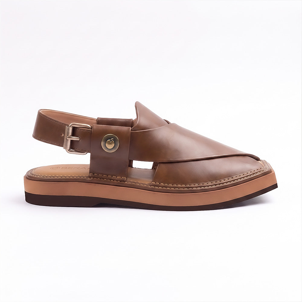 brown Kaptaan Chappal shown from the side with smooth leather upper, adjustable buckle strap and layered stitched sole