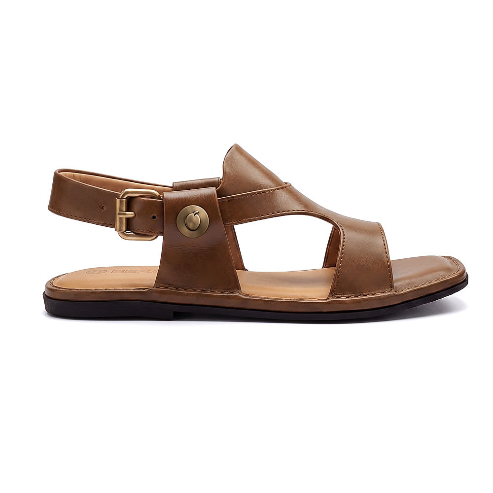 brown Kohati Penjedar Chappal pair shown from above with open leather design and adjustable buckle straps