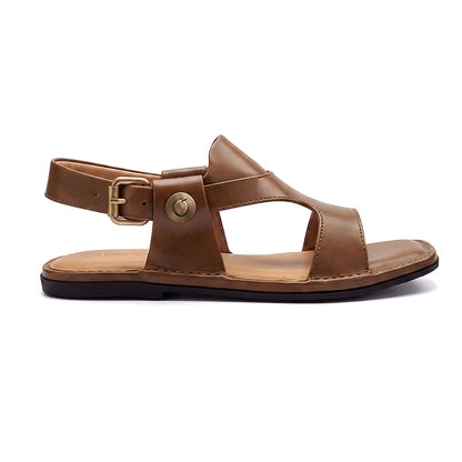 brown Kohati Penjedar Chappal pair shown from above with open leather design and adjustable buckle straps