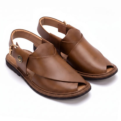 brown round shape Chappal pair shown from a three-quarter front view with smooth leather upper and rear buckle straps