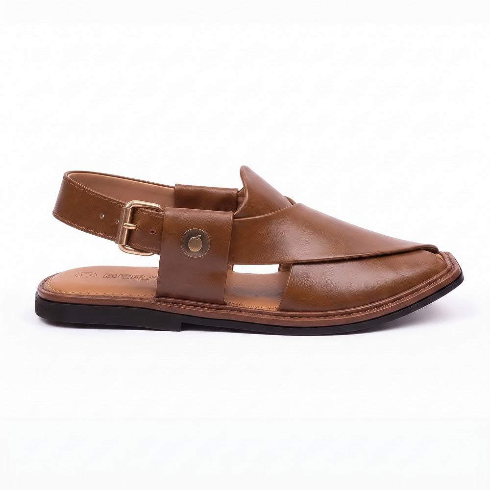 brown traditional Charsadda Chappal shown from the side with smooth leather straps, buckle closure and stitched sole