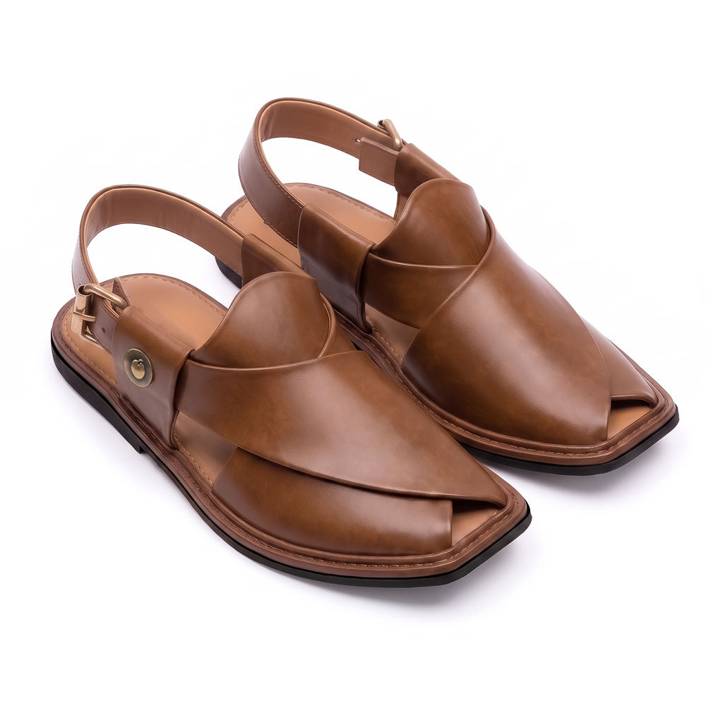 brown traditional Peshawari Chappal pair shown from a three-quarter front view with smooth leather uppers, closed toes and adjustable heel straps