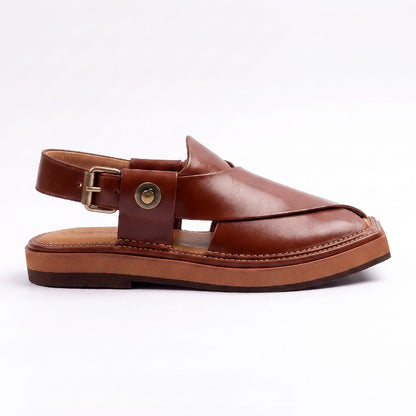 burgundy Khan Chappal shown from the side with a leather buckle strap, layered upper and two-tone sole