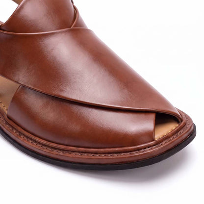 close-up of burgundy Round Shape Peshawari Chappal showing smooth leather upper, layered front straps and detailed stitched sole