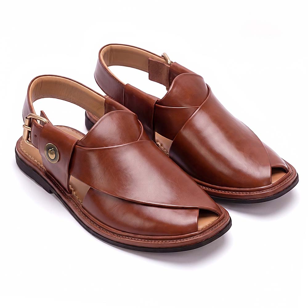 burgundy Round Shape Peshawari Chappal pair shown from a three-quarter front view with smooth leather upper and rear buckle straps