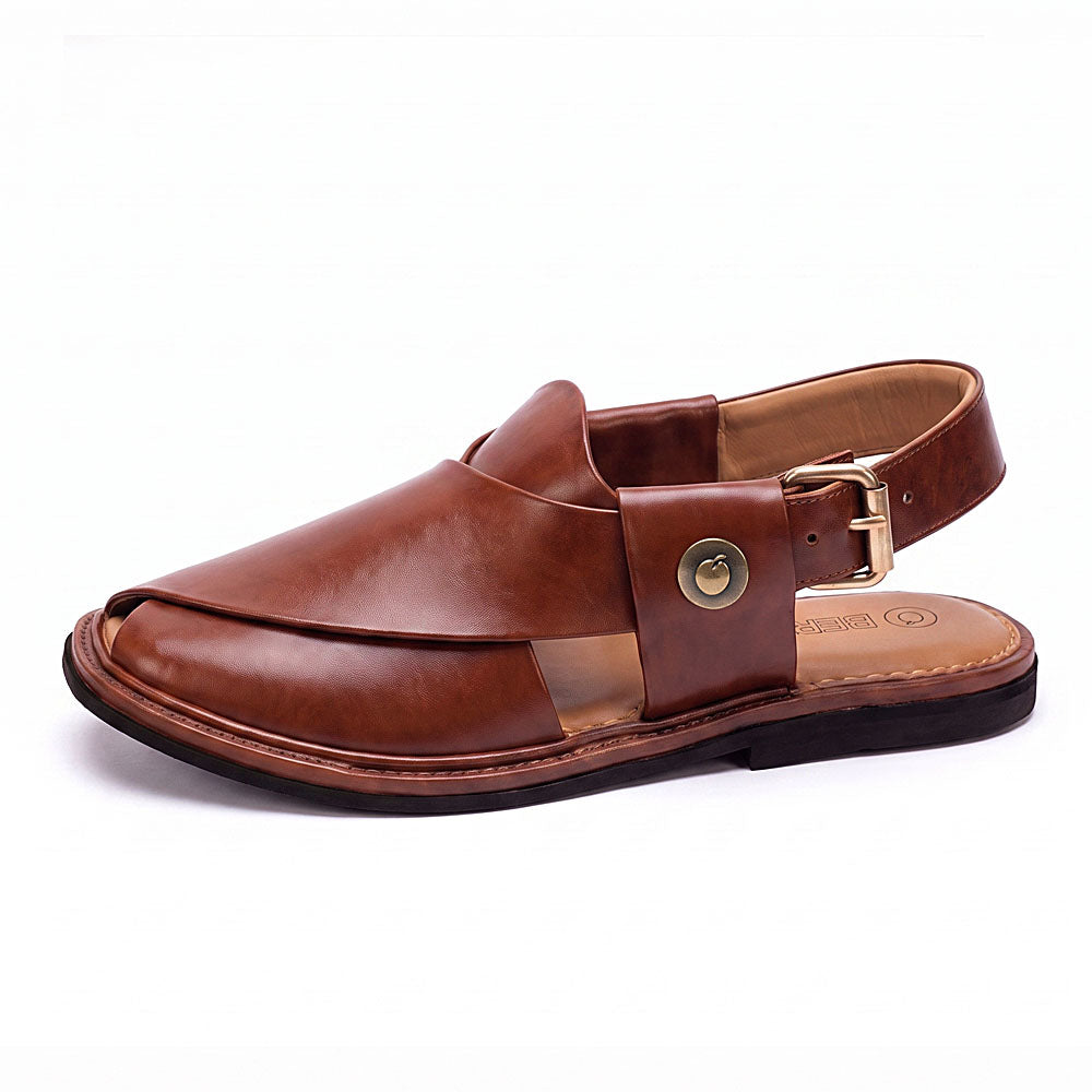 burgundy Round Shape Chappal shown from the side with smooth leather upper, decorative button, buckle strap and layered sole